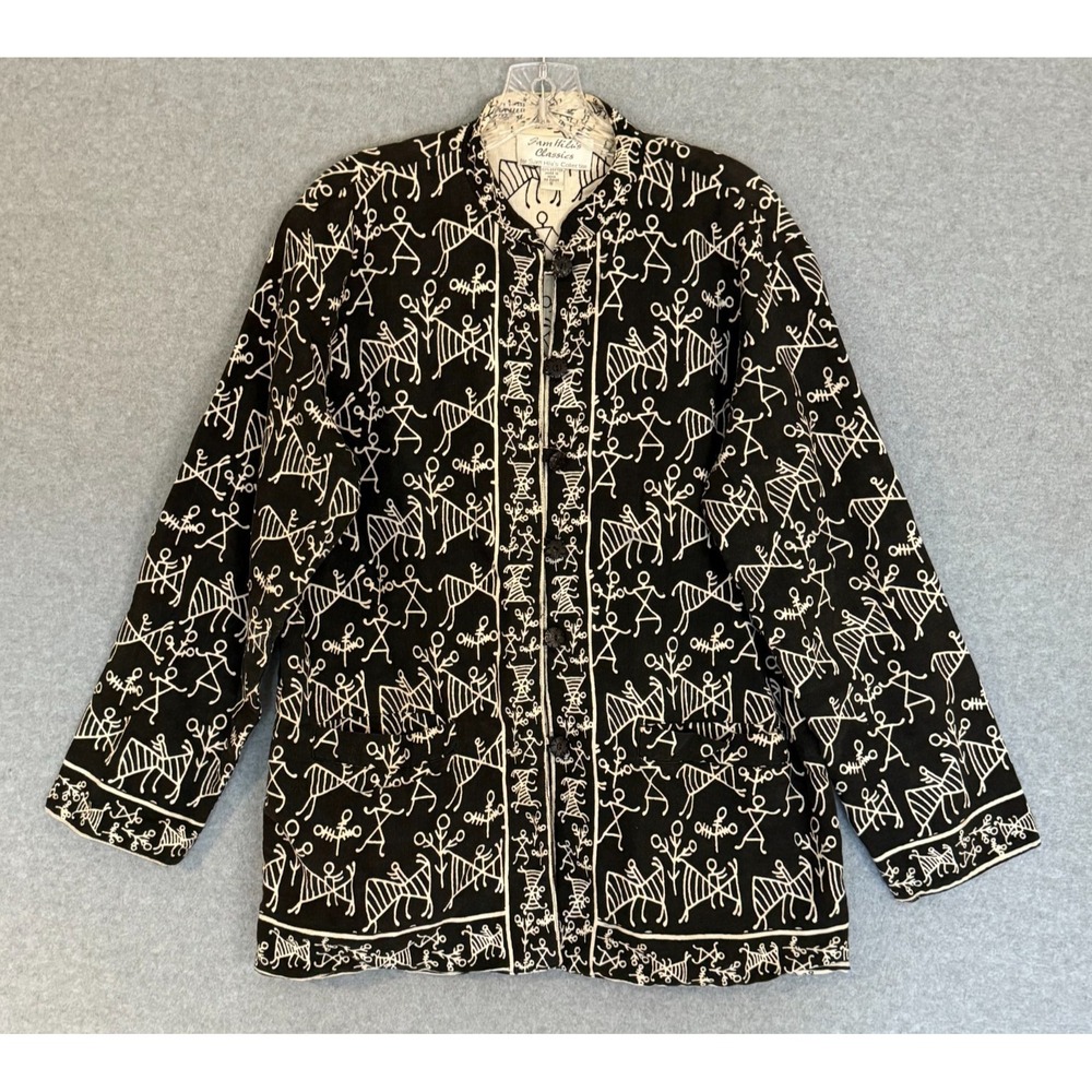Sam Hilu Art to Wear Stick People Jacket Oversized Small Cotton Black Cream